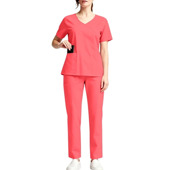 BiZtdJrK Nursing Uniforms Scrub Sets for Womens V Neck Scrub Tops and Straight Leg Scrub Pants Trendy 2 Piece Comfy Stretch Scrubs with Pockets Red,S