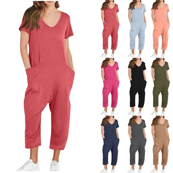 BiZtdJrK Ofertas Del Dia de Hoy Relampago, Women's Loose Jumpsuits 2025 Summer One Piece Short Sleeve Overalls Solid Casual V Neck Wide Leg Jumpsuit with Pockets Khaki L