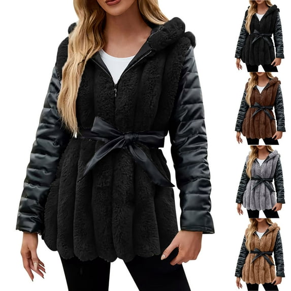 BiZtdJrK Ofertas Flash Del Dia Women's Faux Leather Coat with Faux Fur Collar Winter Warm Belted Mid Length Trim Jacket Fur Lined with Hood Black L