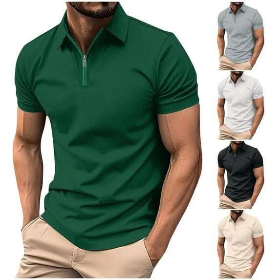 BiZtdJrK Ofertas de Hoy en Liquidación, Men's Zipper Polos Shirt Summer Casual Short Sleeve Laple T Shirts Solid Color Slim Fit Sport Tennis Shirts Fashion Vacation Work Tops Khaki L