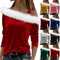 thumbnail image 1 of BiZtdJrK Off Shoulder Christmas Sweater for Women Santa Velvet Long Sleeve Fleece Neck Cute Tops Ugly Xmas Sweatshirts, Red, XXL, 1 of 10
