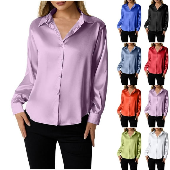 BiZtdJrK Office Shirts for Women Satin Silk Lapel Collar Button Down Shirt Long Sleeve Business Work Blouses Soft Dressy Casual Blouse Tops Navy L