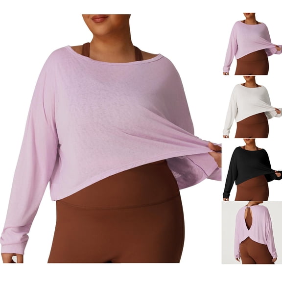 BiZtdJrK Open Back Workout Shirt for Women Oversized Long Sleeve Cropped Athletic T Shirts Lightweight Stretch Gym Running Yoga Tee Tops Black XXL