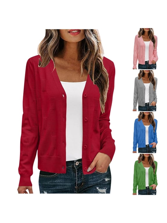 Open Front Cardigans for Women Button Down Long Sleeve Solid Knit Sweaters V Neck Fall Fashion Sweater Cardigan Pink S