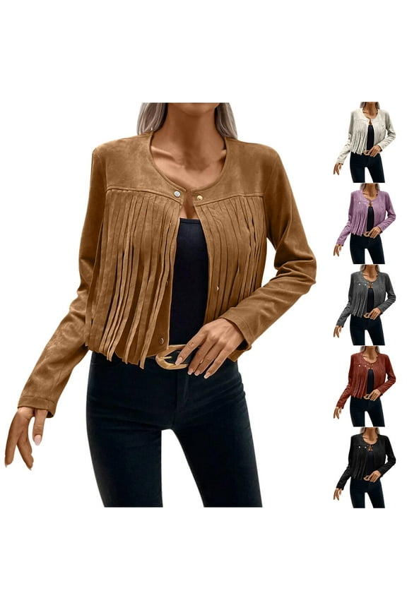 Open Front Jacket for Women Leather Velvet Tassel Trim Long Sleeve Cardigan Fashion Casual Cropped Cardigans Black L