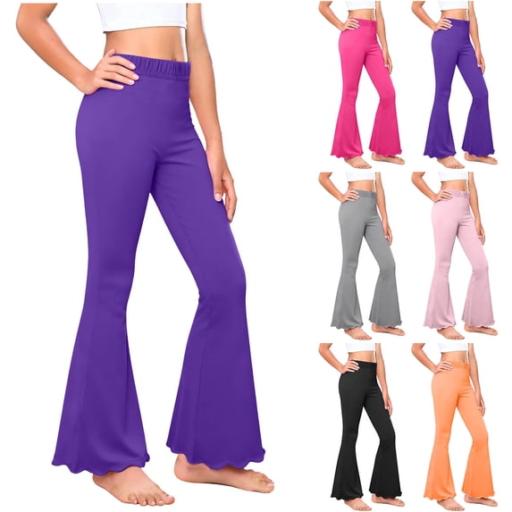 BiZtdJrK Orange Cotton Pant for Girl Ruffle Bell Bottom Elastic High Waist Yoga Workout Pants Solid Color Comfy Casual Trousers 110