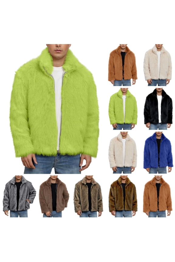 BiZtdJrK Orange Mens Faux Fur Jackets Fluffy Warm Fall Winter Coats Zip up Open Front Lapel Collar Long Sleeve Outwear, L
