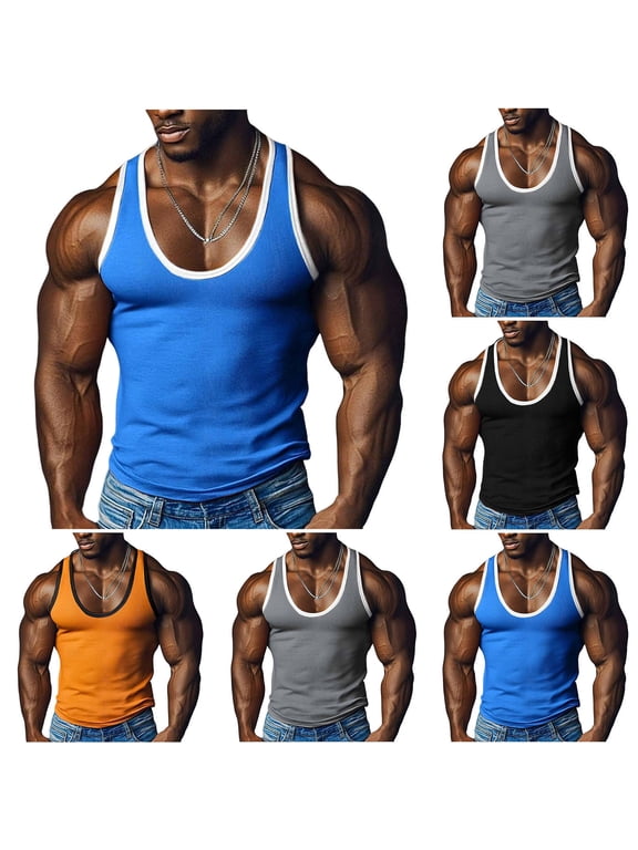 Orange Running Athletic Tank Tops for Men Deep U Neck Sleeveless Solid Color Casual Shirt Breathable Summer Tanks Slim Fit Muscle Stringer Shirts S