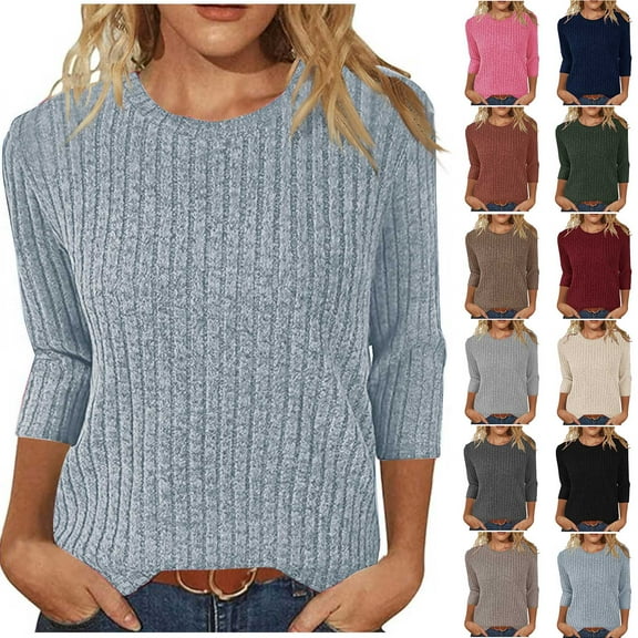 BiZtdJrK My Orders Placed By Me 3/4 Sleeve Sweater for Women Ribbed Crewneck Summer Tops Casual Loose Pullover Sweaters Solid Color Tunics Vacation Clothes Khaki XXL
