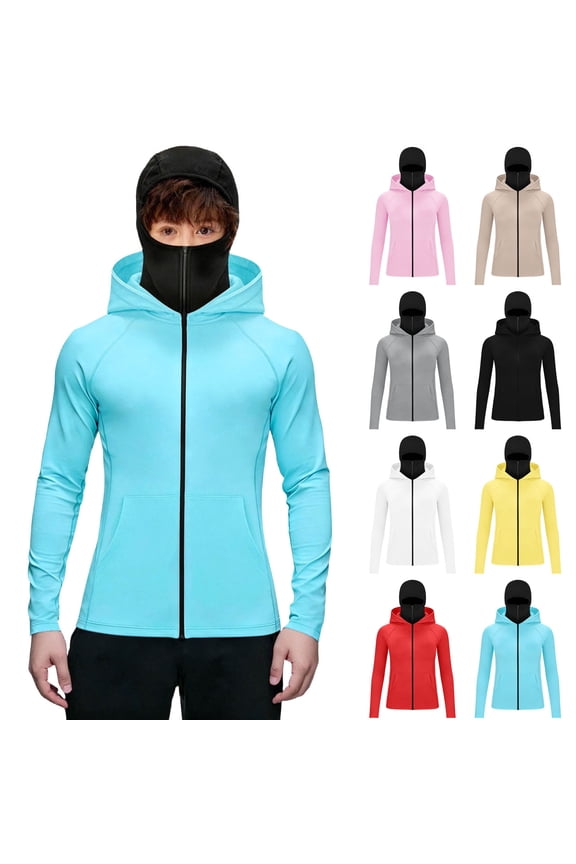 Outdoor Hoodies for Boy UPF 50+ Full Zip Long Sleeve Sun Protection Shirts Slim Fit Lightweight Workout Hiking Hooded Jackets with Face Mask Black 160