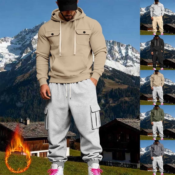 BiZtdJrK Outdoor Sweat Suit for Men Drawstring Long Sleeve Hoodie Sweatshirt and Cargo Sweatpants 2 Piece Sets Hiking Jogger Sport Tracksuits with Multi Pockets Khaki M