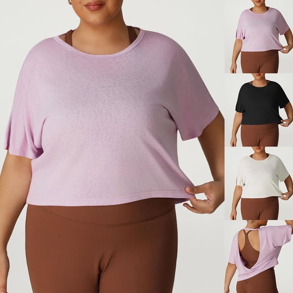 BiZtdJrK Oversized Cropped T Shirt for Women Open Back Short Sleeve Yoga Workout T Shirts Lightweight Stretch Running Sport Tee Tops Black XXXXL