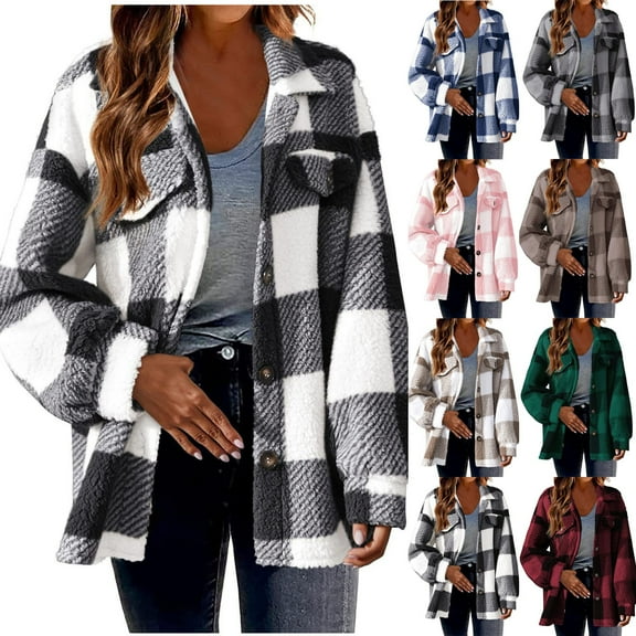 BiZtdJrK Oversized Fashion Coats for Women Button Down Plaid Casual Jacket Turndown Collar Sherpa Fleece Lined Jackets with Chest Pockets Black S