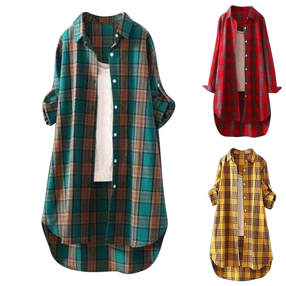 BiZtdJrK Oversized Plaid Shirts for Women Lightweight Linen High Low Shirt Casual Button Down Lapel Blouses Tops 2025 Fall Long Sleeve Loose Fit Shirt Jacket Daily Sales of the Day Green XL