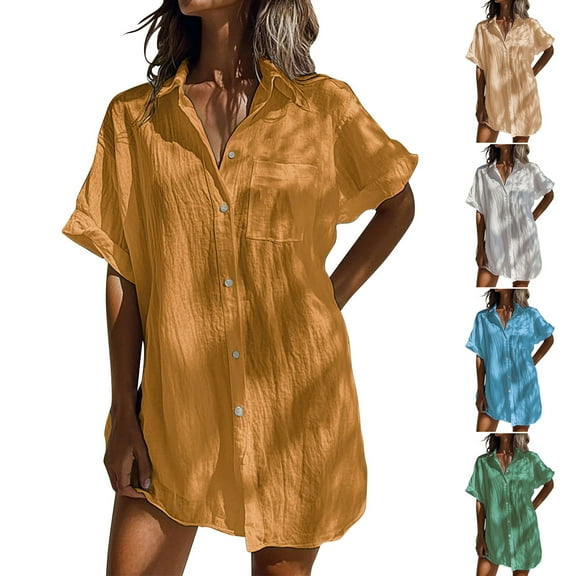 BiZtdJrK Oversized Solid Button Down Shirts for Women Cotton Linen Blouse with Pocket Short Sleeve Trendy Casual Office Dress Shirt Khaki XXXL