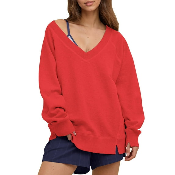 BiZtdJrK Oversized V Neck Sweatshirts for Women Long Sleeve Solid Plain Pullover Tops Fall Lightweight Lounge Sweatshirt Red M