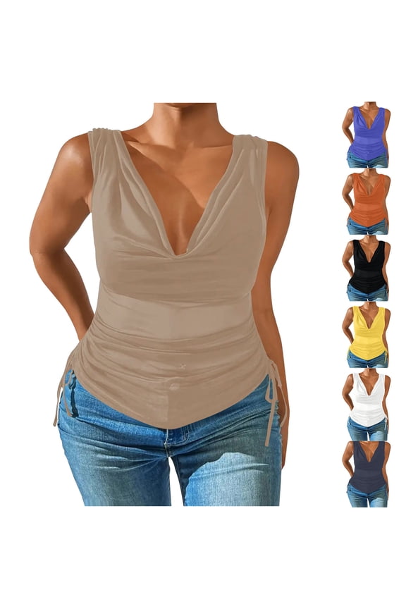 Oversized V Neck Tank Tops for Women Side Drawstring See Through T Shirts Solid Sleeveless Runched Blouse Khaki XXL