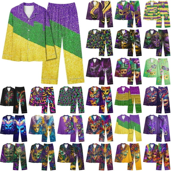 BiZtdJrK Pajamas for Women Set 2025 Mardi Gras Mask Print 2 Piece Outfits Casual Button Long Sleeve Blouse and Lounge Pants Comfy Satin Sleepwear Multicolor XXL Prime Sales
