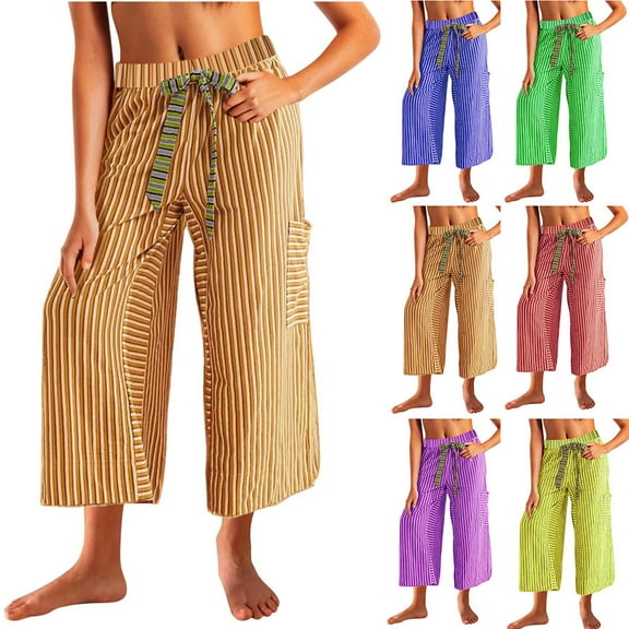 BiZtdJrK Palazzo Capri Pants for Women Loose Fit Wide Leg Pants Casual Drawstring High Waisted Cropped Trousers Fashion Stripe Capris with Pockets Green XL