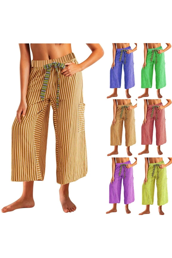 Palazzo Capri Pants for Women Loose Fit Wide Leg Pants Casual Drawstring High Waisted Cropped Trousers Fashion Stripe Capris with Pockets Sale of The Day Prime Today Purple L
