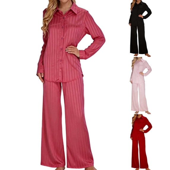 BiZtdJrK Pink Button Down Pajamas Women Lapel Long Sleeve Shirts and Wide Leg Pants 2 Piece Pjs Sets Striped Fashion Sleepwear Set with Pockets XL