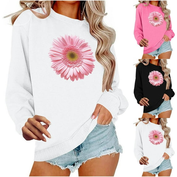 BiZtdJrK Pink Ribbon Sweatshirts for Women Crew Neck Long Sleeve Breast Cancer Awareness Pullover Tops Holiday Party Sweat Shirt Black M