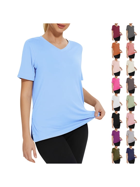 Pink Womens Athletic T Shirts Side Split Short Sleeve V Neck Workout Shirt Lightweight Stretch Running Active Tee Tops S