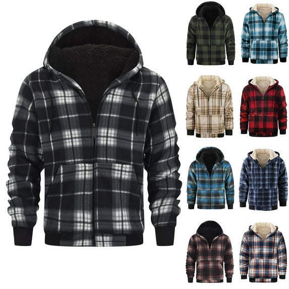 BiZtdJrK Plaid Hoodie Jackets for Men Fleece Lined Warm Winter Coat Casual Zip Up Hooded Sweatshirts Outwear with Pockets, Multicolor, XL