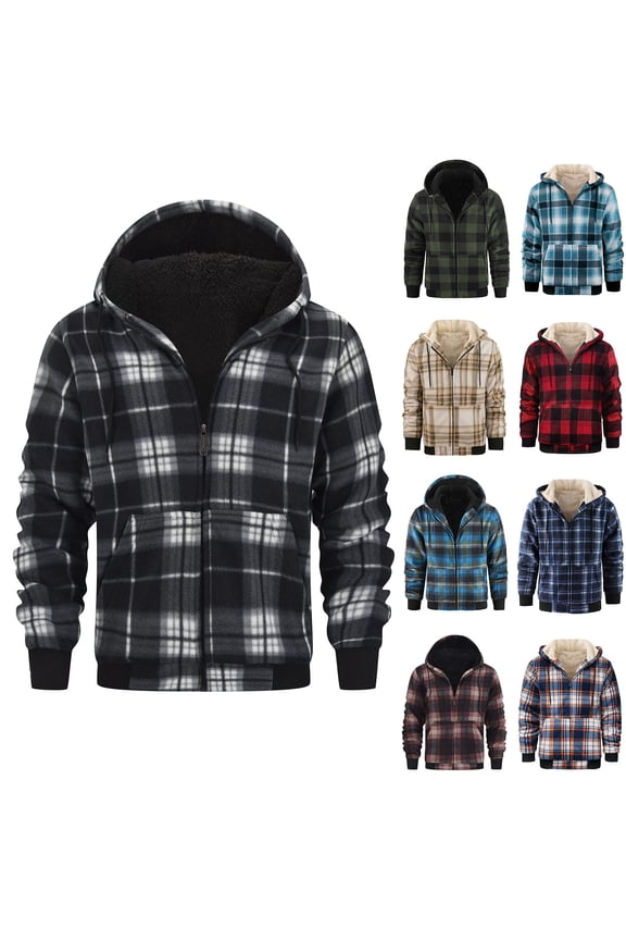 BiZtdJrK Plaid Hoodie Jackets for Men Fleece Lined Warm Winter Coat Casual Zip Up Hooded Sweatshirts Outwear with Pockets, Multicolor, XXL