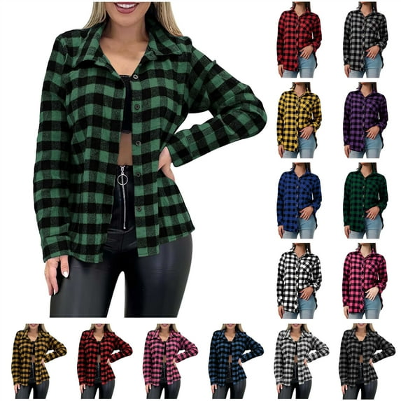 BiZtdJrK Plaid Shirts for Women Casual Button Down Flannel Shirt Loose Roll Up Long Sleeve Checkered Blouse Tops, Yellow, L