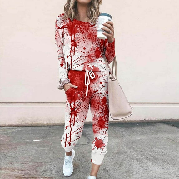 BiZtdJrK Plus Size Athletic Set for Women Novelty Print Halloween Party Tracksuits Long Sleeve Crew Neck Pullover and Jogger Pants 2 Piece Outfits with Pockets AA-Red XXXXL