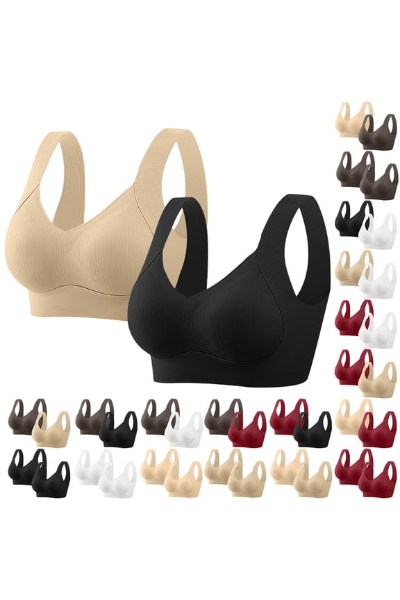 BiZtdJrK Plus Size Bras for Womens Seamless Sport Bra Full Supportive Daily Comfort Bralettes 2 Pack Sleepwear, Khaki, M