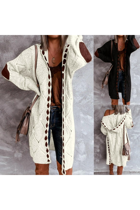 Plus Size Cardigan for Women Elbow Patches Long Sleeve Open Front Sweaters Cable Knit Hooded Long Coat Fashion Street Cardigans Black XXXXL