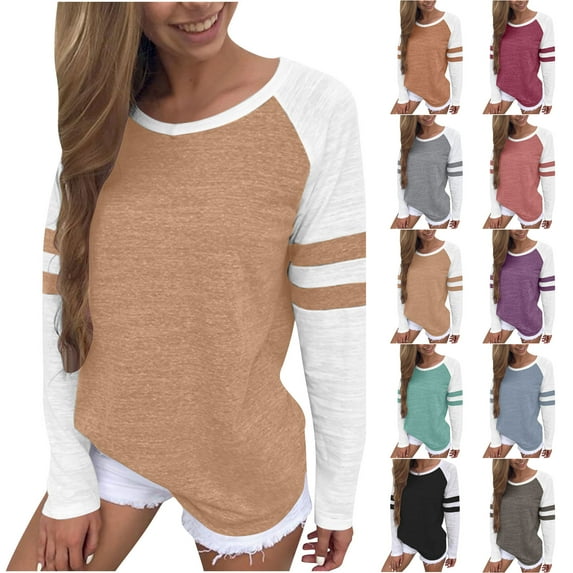BiZtdJrK Plus Size Casual T Shirt for Women Color Block Raglan Long Sleeve Round Neck Shirts Loose Comfy Lounge Tee Tops Wine S