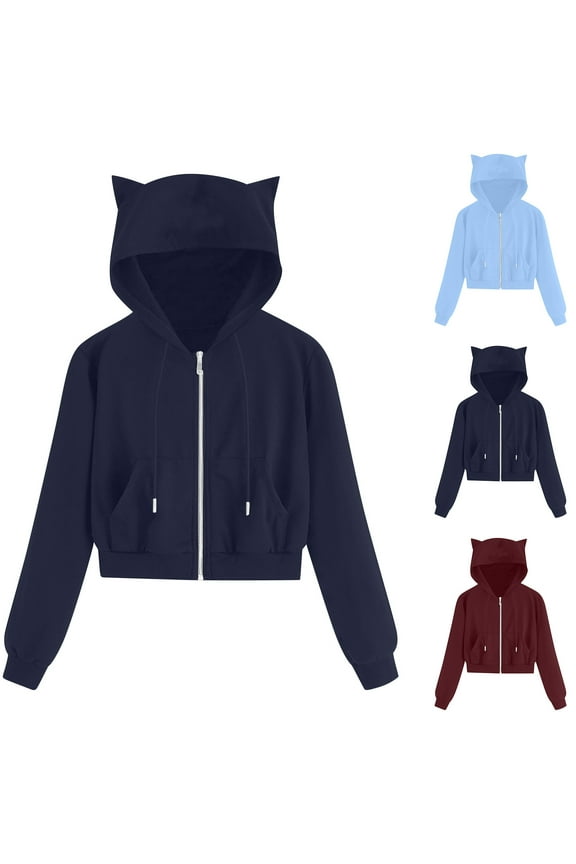 Plus Size Cropped Jacket for Women Cat Ears Long Sleeve Zipper Hooded Sweatshirt Jackets Drawstring Fashion Y2k Hoodies with Pockets Wine XL