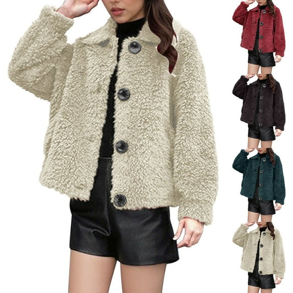 BiZtdJrK Plus Size Fashion Jackets for Women Fuzzy Fleece Button Down Long Sleeve Cropped Jacket Elegant Casual Outerwear Coffee L