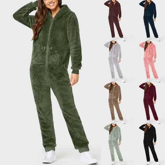 BiZtdJrK Plus Size Fleece Jumpsuit for Women Fuzzy Sherpa Drawstring Hooded Romper Pajama Long Sleeve Warm Winter Onesie Sleepwear Green M