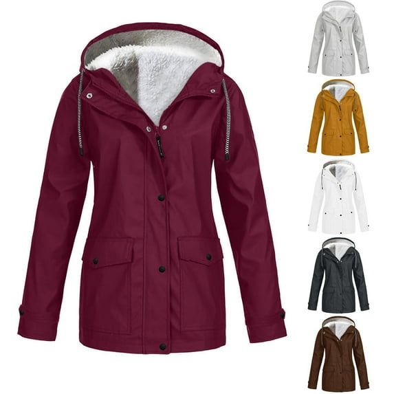 BiZtdJrK Plus Size Fleece Lined Rain Coats for Women 2025 Fall Winter Warm Hooded Rain Jacket Outdoor Hiking Windbreaker Solid Color Trench Coat Prime Sales Gray L