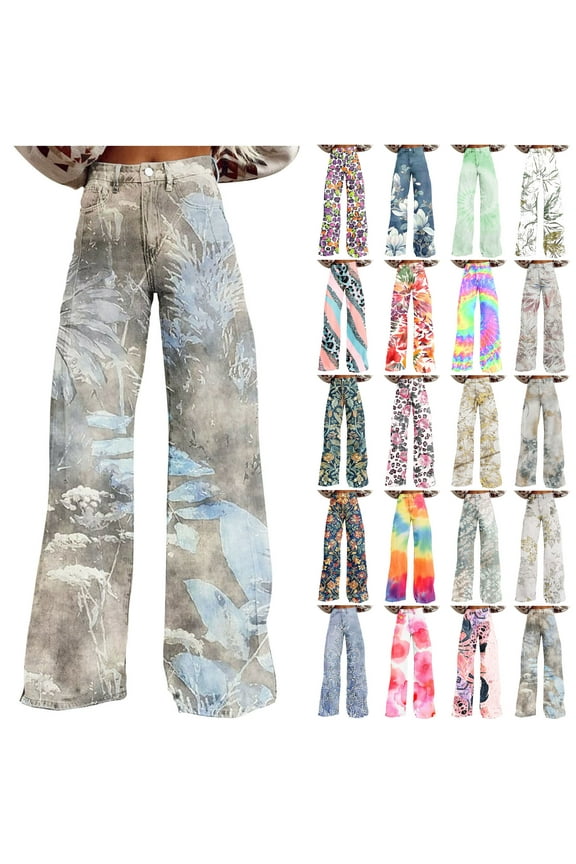 Plus Size Jeans for Women Loose Fit Wide Leg Pants Trendy Tie Dye Prints Denim Trousers Casual Button Waist Jean Pants Y2K Streetwear Sales Prime Multicolor 3XL