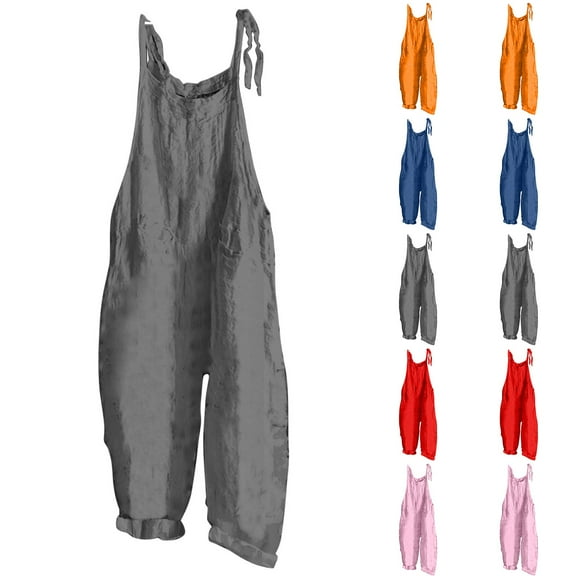 BiZtdJrK Plus Size Linen Jumpsuits for Women 2025 Summer Baggy Overalls Solid Color Casual Spaghetti Strap Romper One Piece Wide Leg Jumper Pants Gray XXL Sales for Today on Walmart