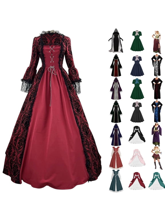 Plus Size Medieval Dress for Women Hooded Trumpet Sleeve Renaissance Princess Dresses Elegant Floor Length Maxi Dress Cosplay Halloween Costume Lightning Sales of Today Blue