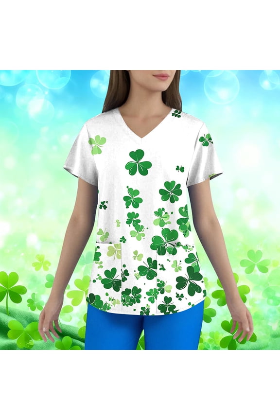 BiZtdJrK Plus Size Scrubs Shirts for Women Luck Shamrocks Print St Patricks Day T Shirt Plus Size V Neck Short Sleeve Nursing Scrubs Tops with Pockets Green XXXL