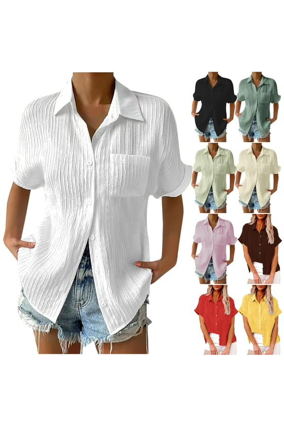 Plus Size Solid Button Down Shirts for Women Casual Loose Tunic Blouse Soft Textured Tops with Pocket Beige XXXXXL