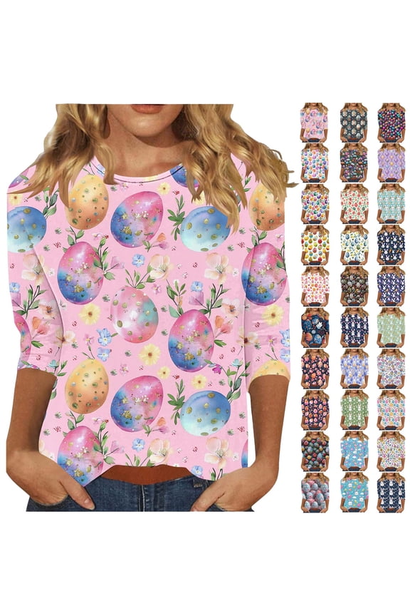 Plus Size Sweaters for Women Easter 3/4 Length Sleeve Shirts Fashion Eggs Graphic Tees Tops Casual Round Neck Pullover Blouse Multicolor XL on Sale Clearance 2025
