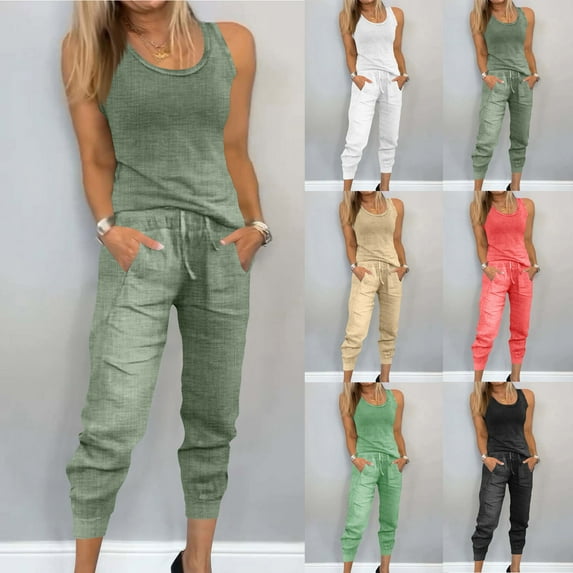 BiZtdJrK Plus Size Tracksuits for Women Cotton Line Sleeveless Tank Tops and Jogger Pants 2 Piece Outfits Distressed Fashion Summer Sets with Pockets Black XXXXXL