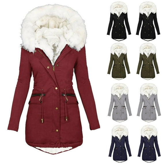 BiZtdJrK Plus Size Winter Warm Coats for Women Hooded Fleece Lined Sherpa Jacket Long Sleeve Thick Puffer Jackets with Pockets Wine M