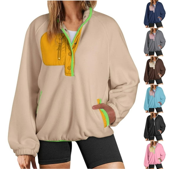 BiZtdJrK Polar Fleece Sweatshirts for Women Casual Button V Neck Pullover Fashion Colorblock Long Sleeve Tops Fall Winter Clothes Fall Savings Navy S