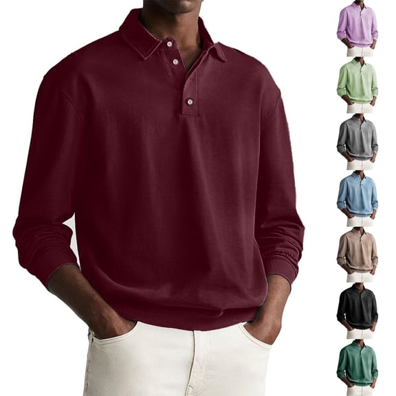 BiZtdJrK Polos Shirts for Men Long Sleeve Tennis Golf T-Shirts Casual Button V Neck Pullover Blouse Loose Fit Athletic Tops Wine XXL Lightening Sale