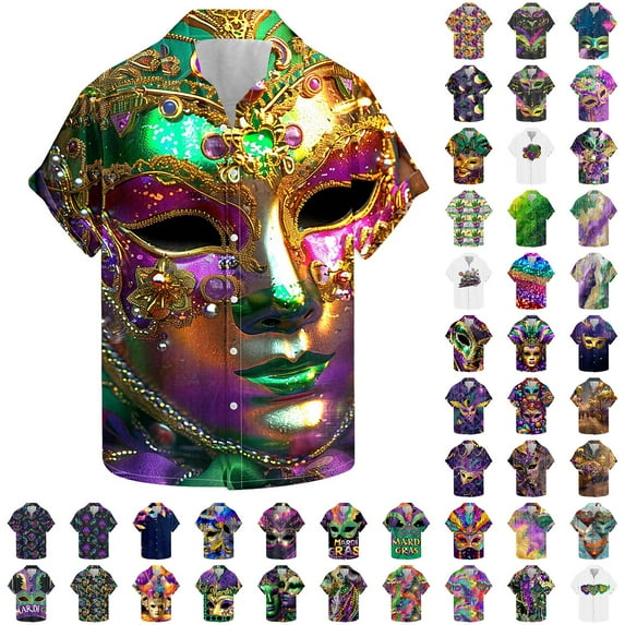 BiZtdJrK 2025 Costume Men Mardi Gras, Fashion Graphic Printed Button Down Bowling Shirts Casual Lapel Blouses Plus Size Vacation Beach Tops Multicolor 5XL