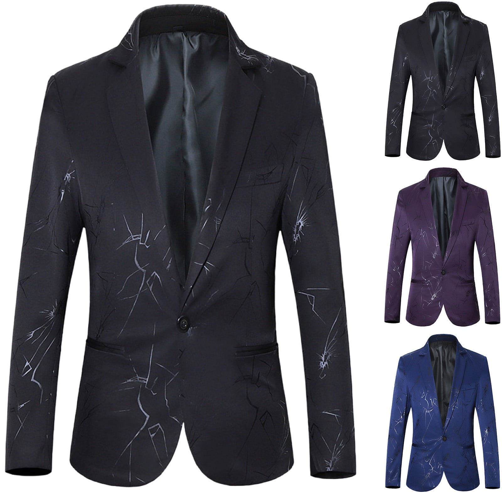 Men's Purple Floral Pattern Fashion big and tall Buttons Closure Black Satin Blazer main image 0